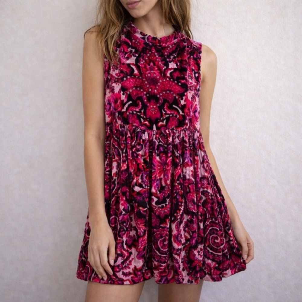 Free People Pink and Magenta Velvet Mini Dress